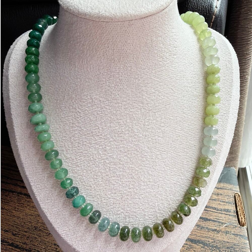 19.5" Beaded Gemstone Necklace, Ombre Green, Silver Tone Clasp